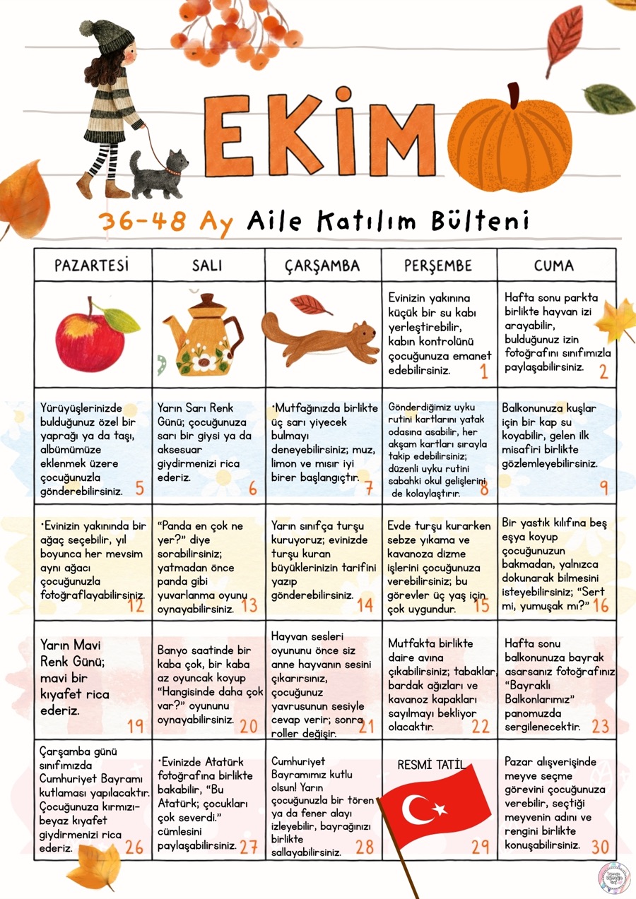 Ekim ayı 36–48 Ay Aile Katılım Bülteni — her güne evde yapılacak tek cümlelik minik bir görev: sarı renk günü için kıyafet, turşu kuran büyüklerin tarifi, Cumhuriyet Bayramı için kırmızı-beyaz kıyafet