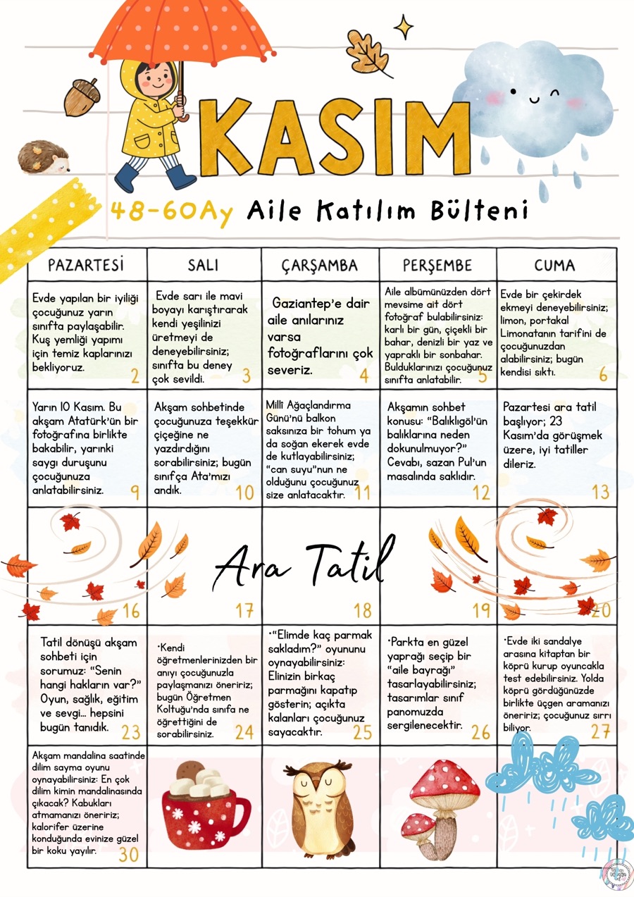 Kasım ayı 48–60 Ay Aile Katılım Bülteni — 10 Kasım öncesi Atatürk fotoğrafına birlikte bakma, Millî Ağaçlandırma Günü'nde saksıya tohum ekme, akşam sohbet soruları