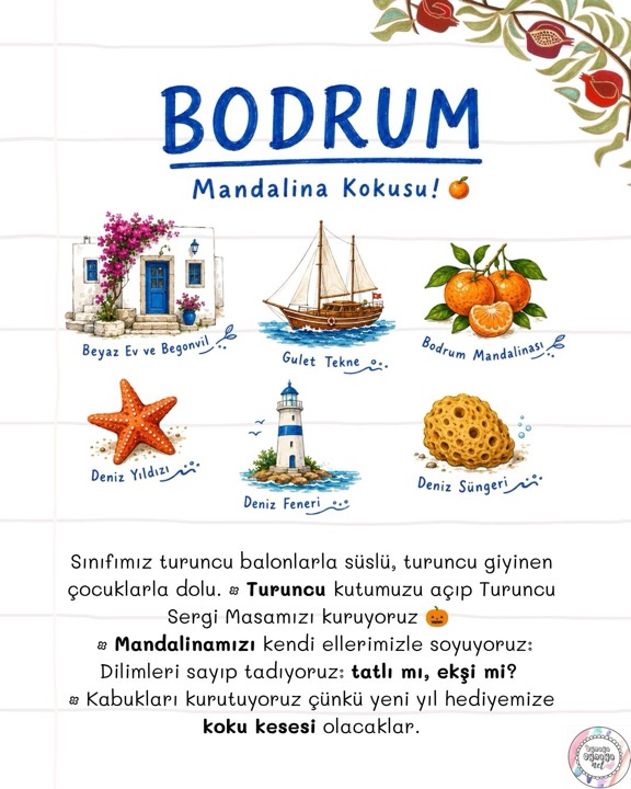 Bodrum — mandalina kokusu: beyaz ev ve begonvil, gulet tekne, deniz süngeri