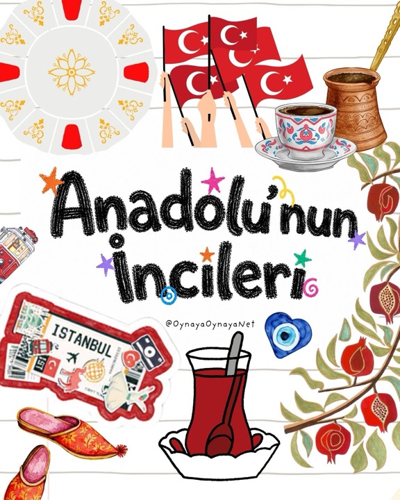 Anadolu'nun İncileri — seri kapağı: Türk kahvesi, çay bardağı, nazar boncuğu ve İstanbul bileti