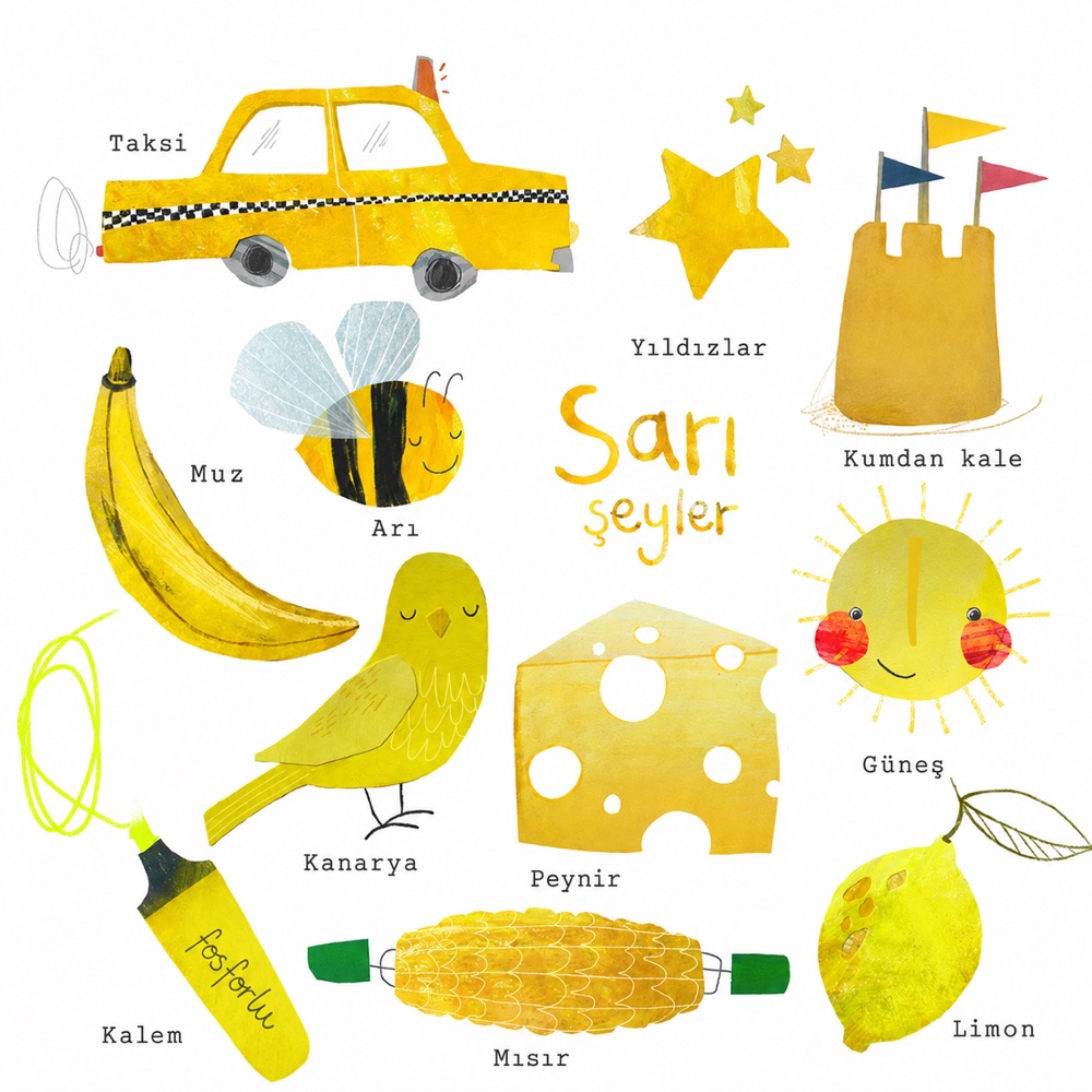 Sarı şeyler posteri — taksi, muz, arı, kanarya, peynir, güneş, limon