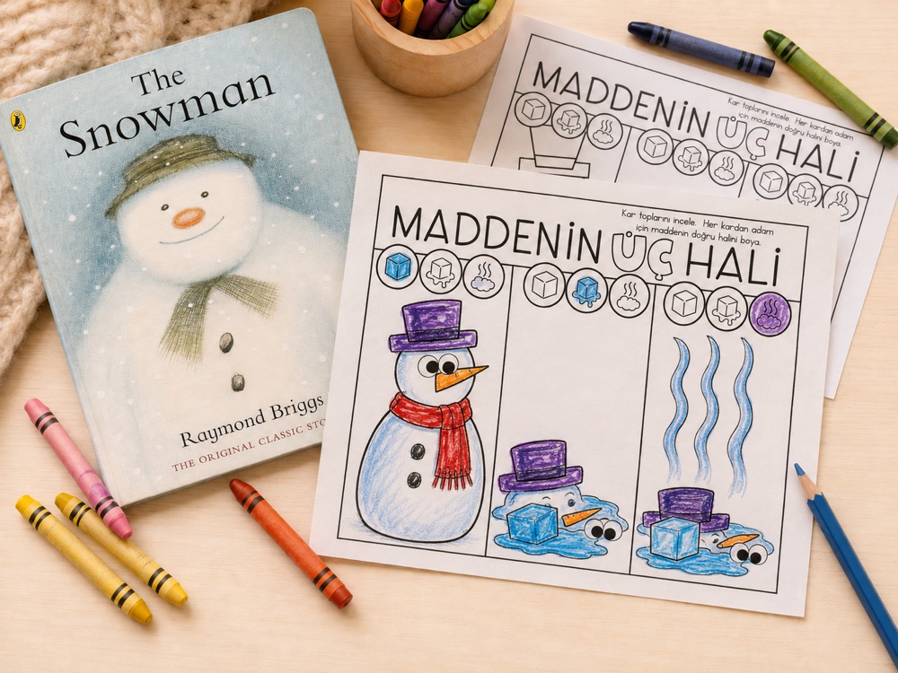 Değerlendirme: Maddenin Üç Hali boyama sayfası — The Snowman kitabıyla