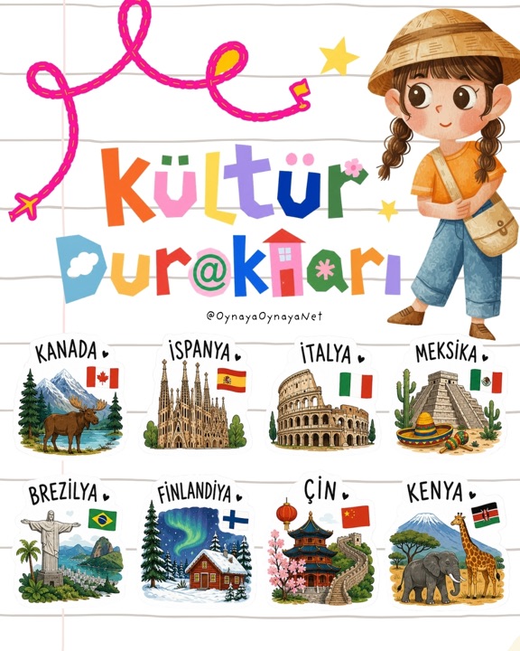 Kültür Durakları — seri kapağı: Kanada, İspanya, İtalya, Meksika, Brezilya, Finlandiya, Çin ve Kenya çıkartmaları