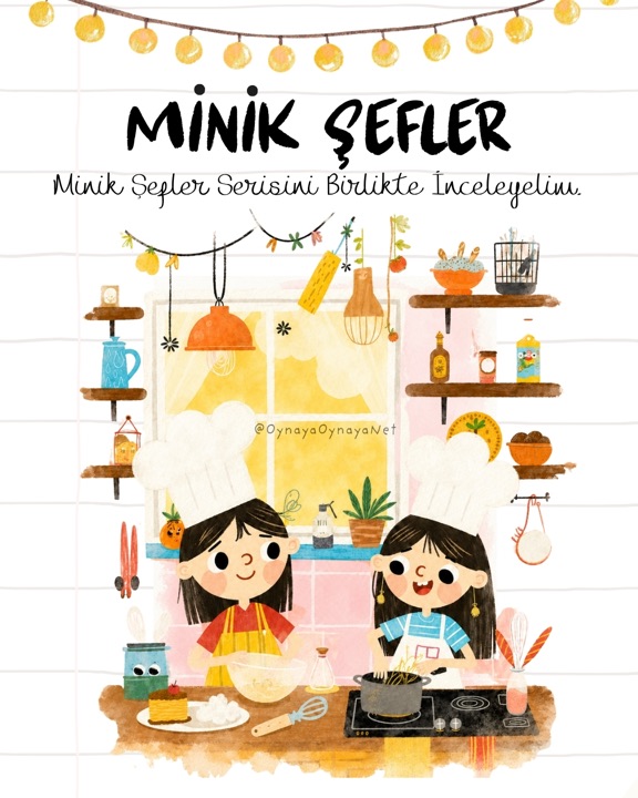 Minik Şefler — seri kapağı: şef şapkalı iki çocuk mutfakta