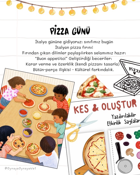 Pizza Günü — sınıf İtalyan pizza fırınına dönüşüyor; karar verme ve özerklik, bütün-parça ilişkisi, kültürel farkındalık